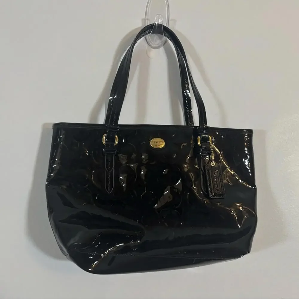 Coach Black Patent Leather Embossed Signature Tote Bag 13x9” Gold Hardware